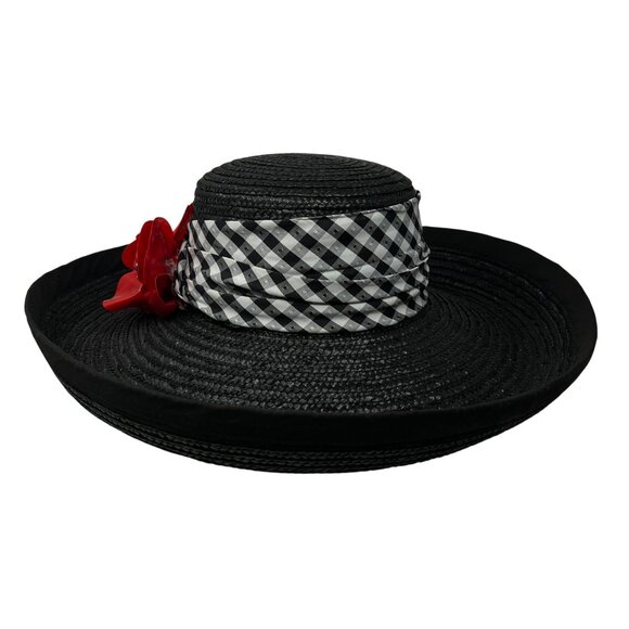Whittall & Shon Womens Black‎ Wide Brim Hat Red Floral Derby Event - Picture 7 of 11